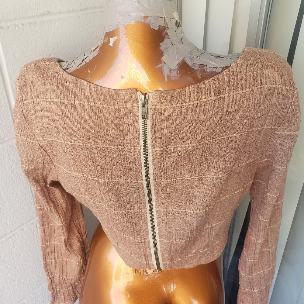 free people long sleeve square neck light brown cotton gauzy crop top plaid 10